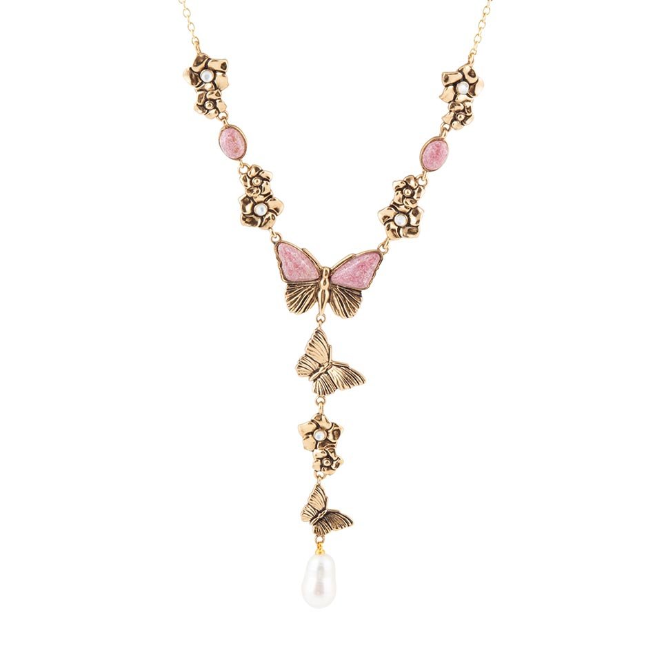 Pink Rhodonite and White Pearl Golden Butterflies Y Necklace