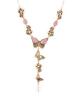 Pink Rhodonite and White Pearl Golden Butterflies Y Necklace