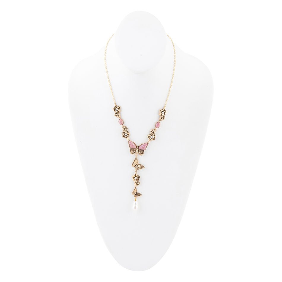 Pink Rhodonite and White Pearl Golden Butterflies Y Necklace