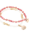 Pink Rhodonite and White Pearl Golden Heart Charm Bracelet Set