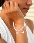 Pink Rhodonite and White Pearl Golden Heart Charm Bracelet Set
