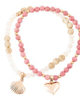 Pink Rhodonite and White Pearl Golden Heart Charm Bracelet Set
