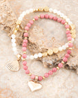 Pink Rhodonite and White Pearl Golden Heart Charm Bracelet Set