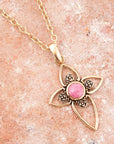 Pink Rhodonite Golden Cross Pendant Necklace
