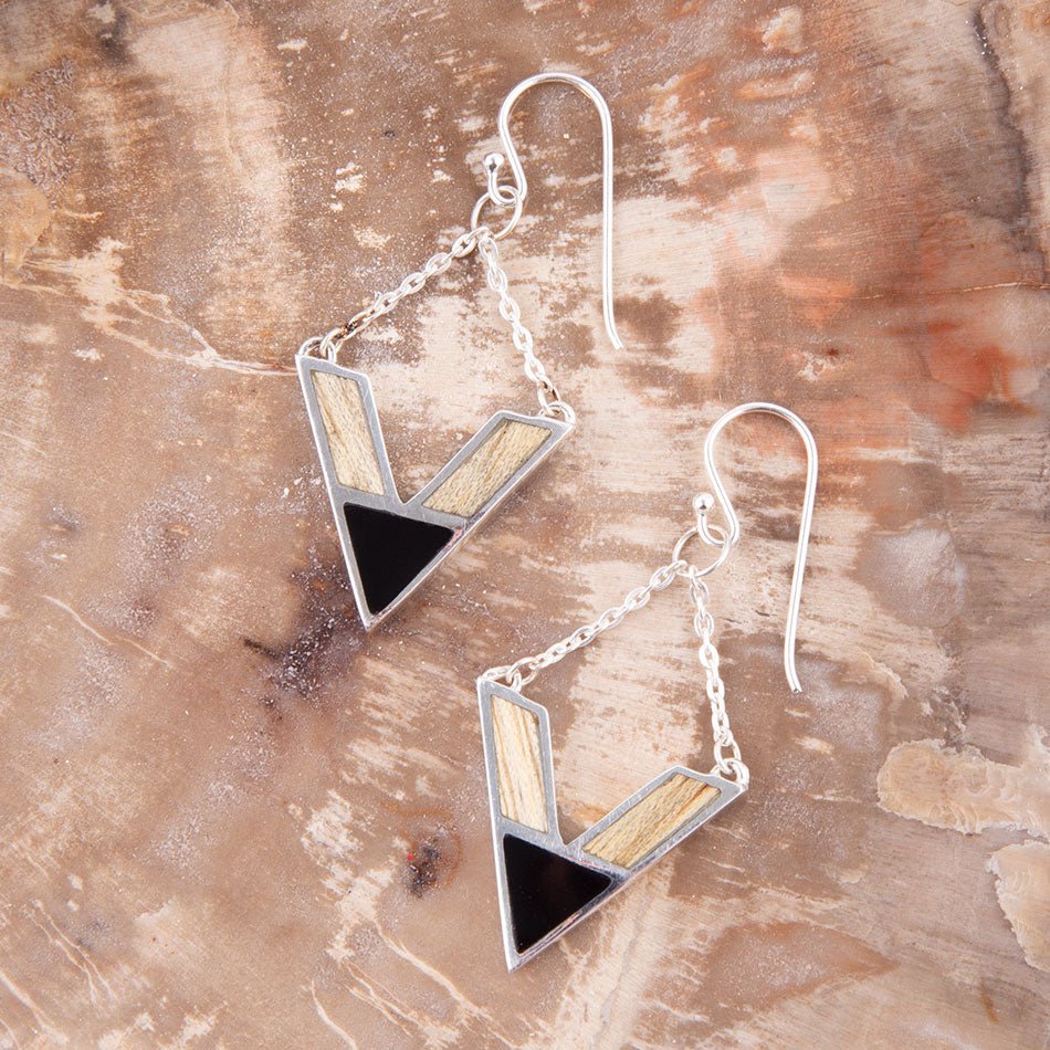 Point Made Onyx and Wood Silver Earring