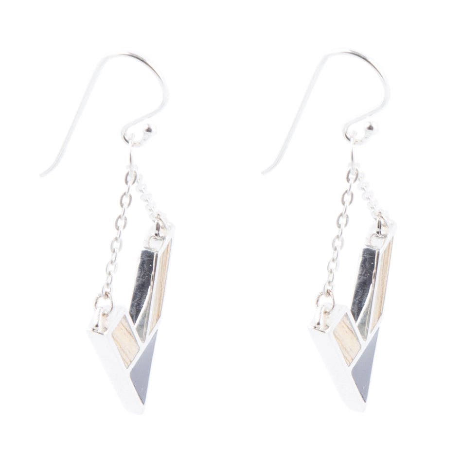 Point Made Onyx and Wood Silver Earring