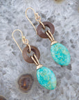 Precious Green Turquoise and Wood Golden Bronze Drop Earrings