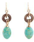Precious Green Turquoise and Wood Golden Bronze Drop Earrings