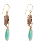 Precious Green Turquoise and Wood Golden Bronze Drop Earrings