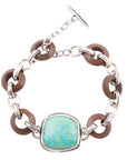 Precious Turquoise and Wood Sterling Silver Toggle Bracelet
