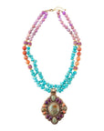 Prescott Blue Turquoise Purple and Orange Statement Pendant Golden Necklace