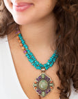 Prescott Blue Turquoise Purple and Orange Statement Pendant Golden Necklace