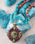 Prescott Blue Turquoise Purple and Orange Statement Pendant Golden Necklace