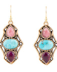 Colorful Turquoise and Rhodonite Triple Dot Golden Drop Earrings