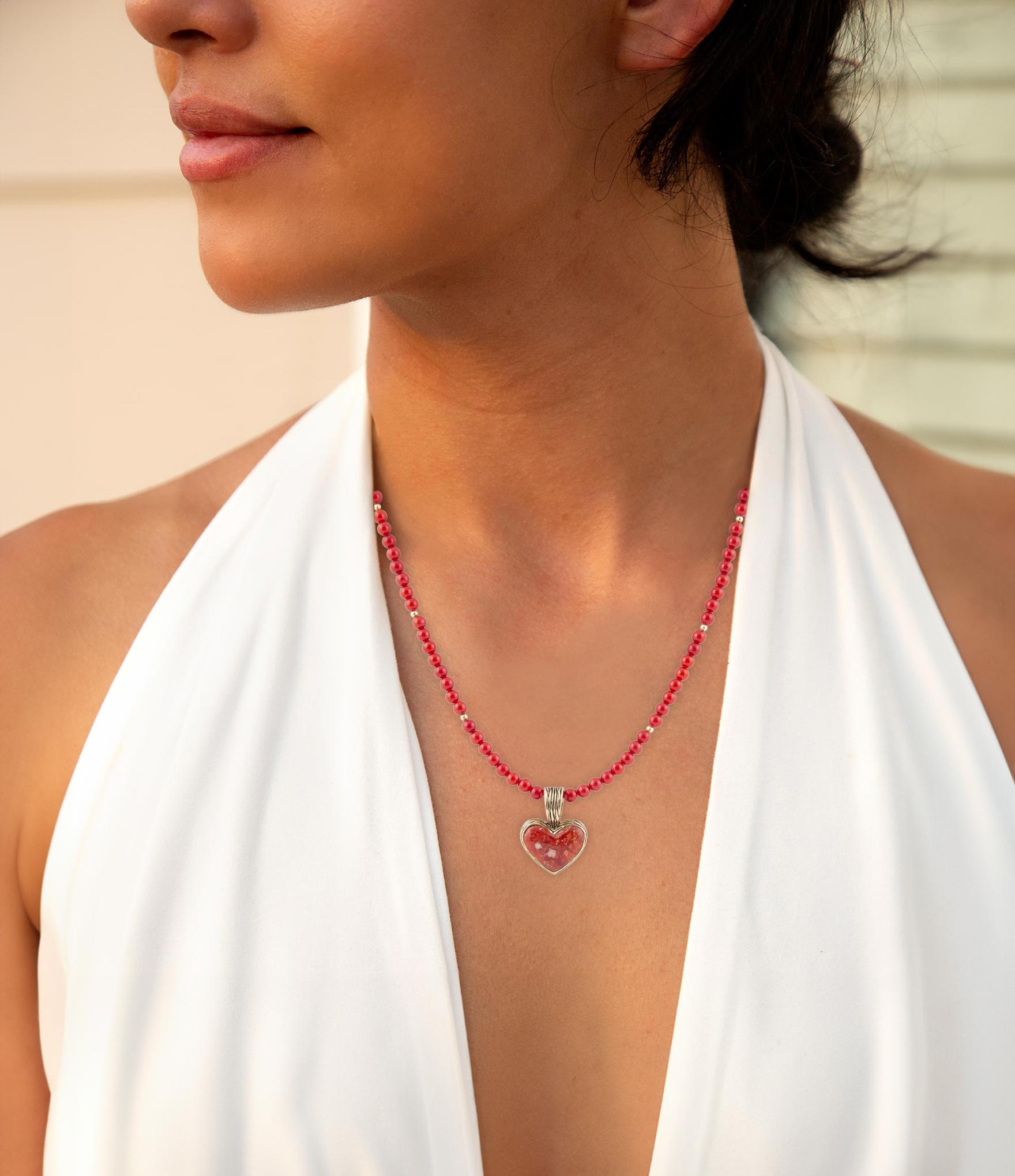 Red Coral Hart Pendant Golden Bronze Necklace