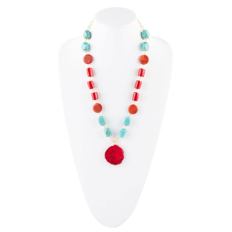 Red River Turquoise and Coral Rosary Pendant Necklace
