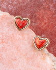 Heart Red Sponge Coral Golden Stud Earrings