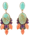 Regalia Blue Turquoise Purple and Orange Coral Goldden Post Drop Earrings