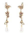 Rhodonite and White Pearl Golden Butterflies Post Drop Earrings