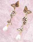Rhodonite and White Pearl Golden Butterflies Post Drop Earrings