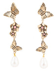 Rhodonite and White Pearl Golden Butterflies Post Drop Earrings