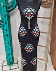 Southwestern Aztec Sleeveless Bodycon Side Slit Western Maxi Dress