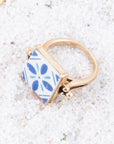 Santorini Blue and White Tile Golden Statement Ring