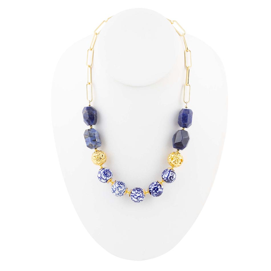 Santorini Cobalt Blue Lapis Chunky Golden Necklace