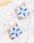 Santorini Dreams Blue and White Tile Post Stud Golden Earrings