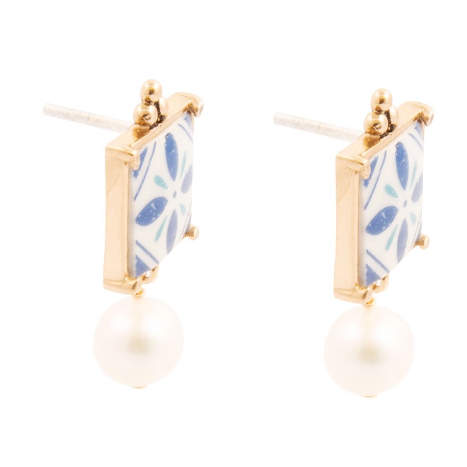 Santorini Dreams Tile Freshwater White Pearl Post Golden Earrings