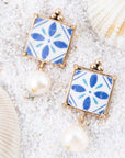 Santorini Dreams Tile Freshwater White Pearl Post Golden Earrings
