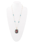Scenic Red Florals Blue Apatite Golden Pendant Necklace