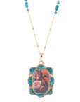 Scenic Red Florals Blue Apatite Golden Pendant Necklace