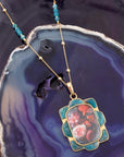 Scenic Red Florals Blue Apatite Golden Pendant Necklace