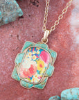 Scenic Floral and Blue Turquoise Golden Pendant Necklace