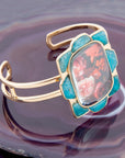 Scenic Red Floral Blue Apatite Golden Cuff Bracelet