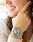 Scenic Red Floral Blue Apatite Golden Cuff Bracelet