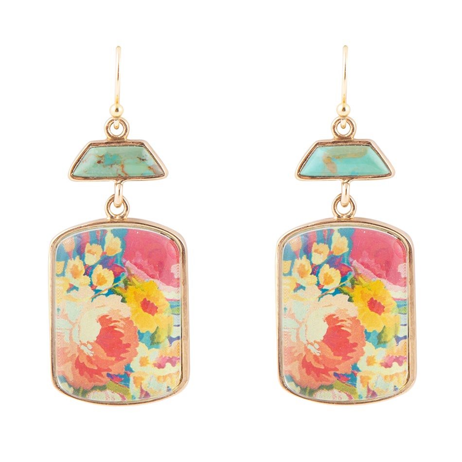 Scenic Floral Blue Turquoise Golden Earrings