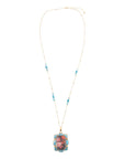 Scenic Red Florals Blue Apatite Golden Pendant Necklace