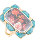 Scenic Red Florals Blue Apatite Golden Statement Ring