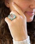 Scenic Red Florals Blue Apatite Golden Statement Ring