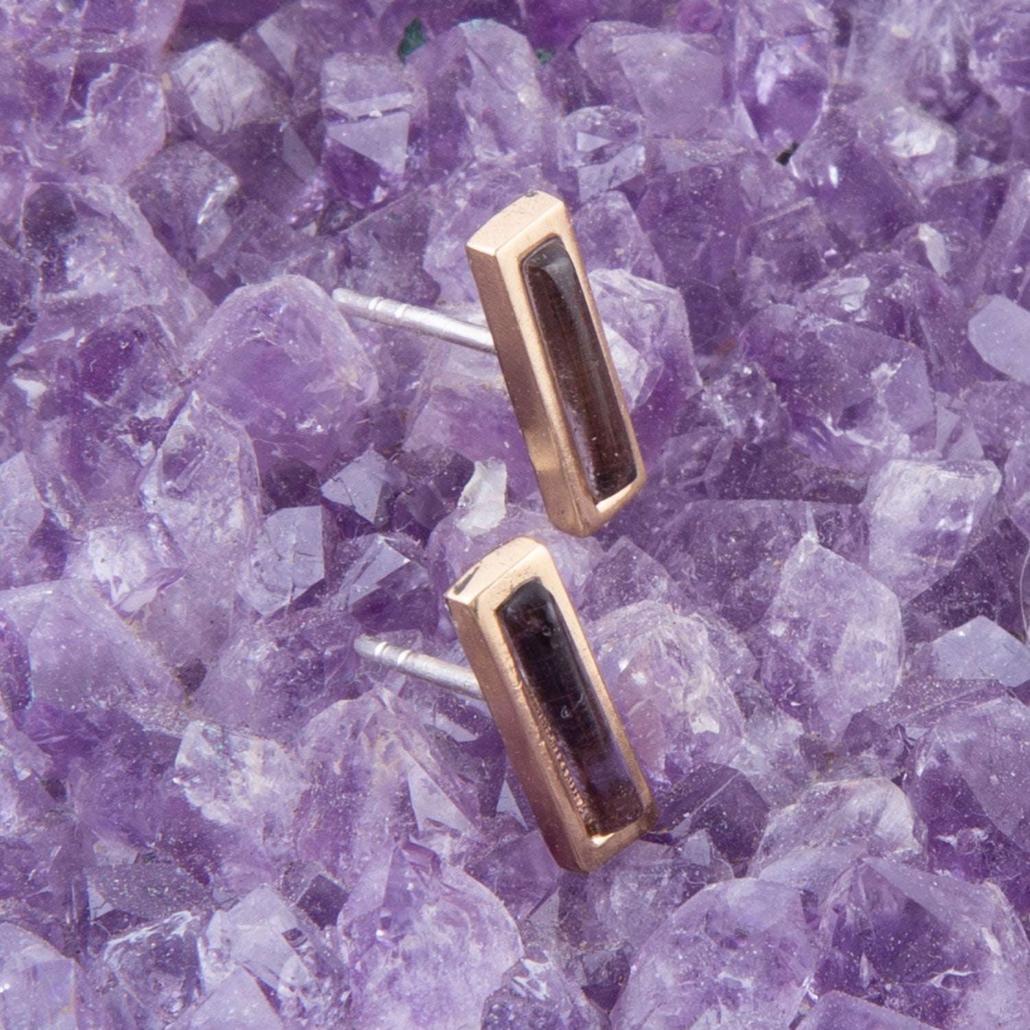 Short Linear Amethyst and Bronze Stud