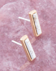 Short Linear White Picture Jasper and Bronze Stud