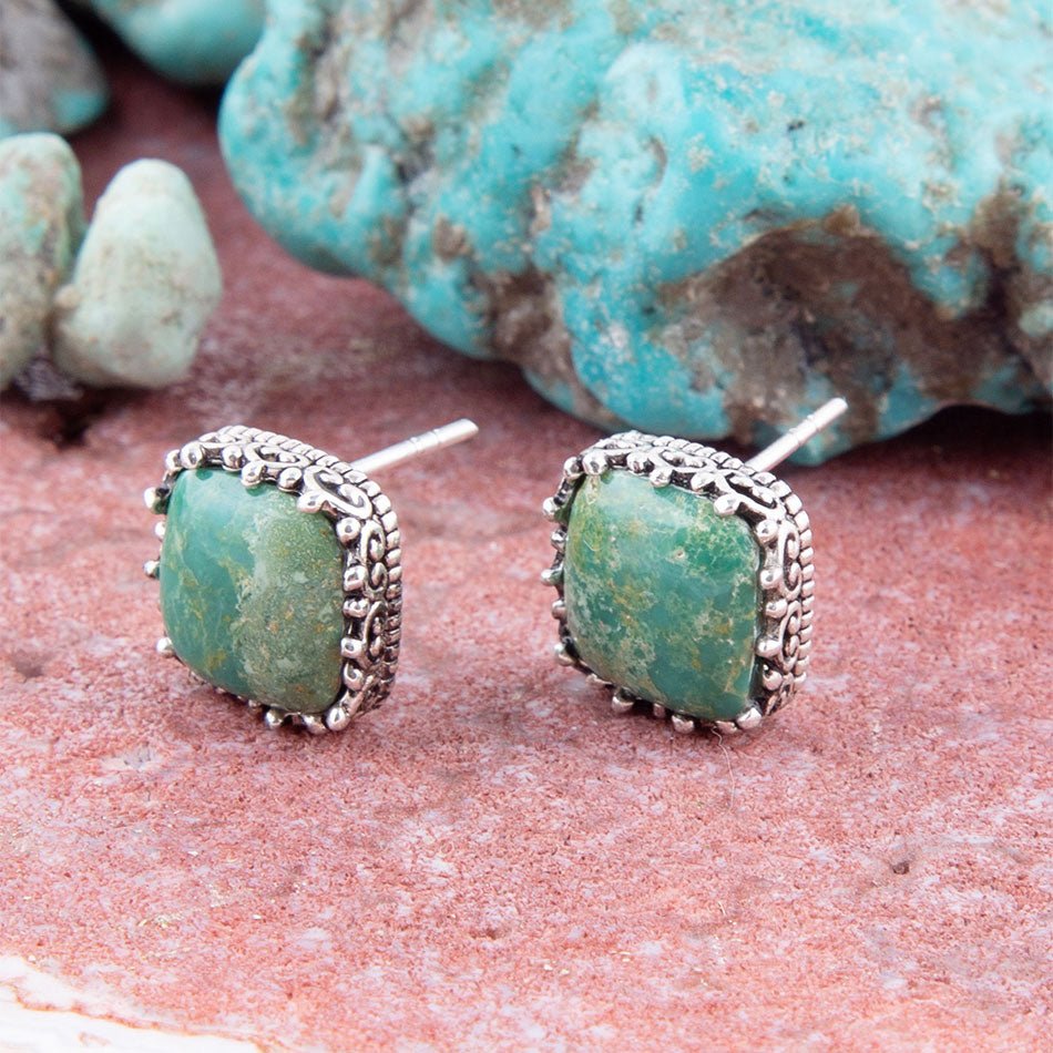 Squared Up Green Turquoise and Sterling Silver Stud Earrings