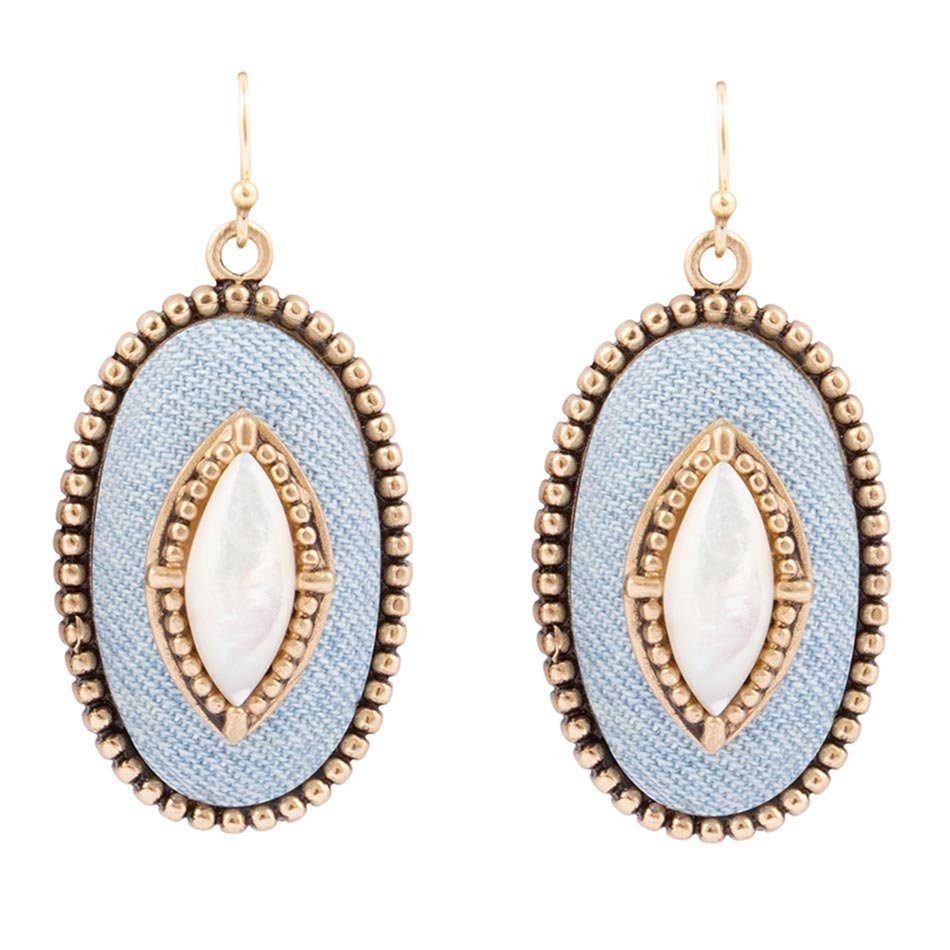 Blue Denim Dreams White Mother of Pearl Golden Drop Earrings