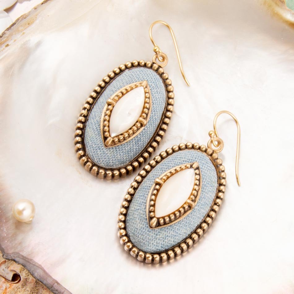 Blue Denim Dreams White Mother of Pearl Golden Drop Earrings