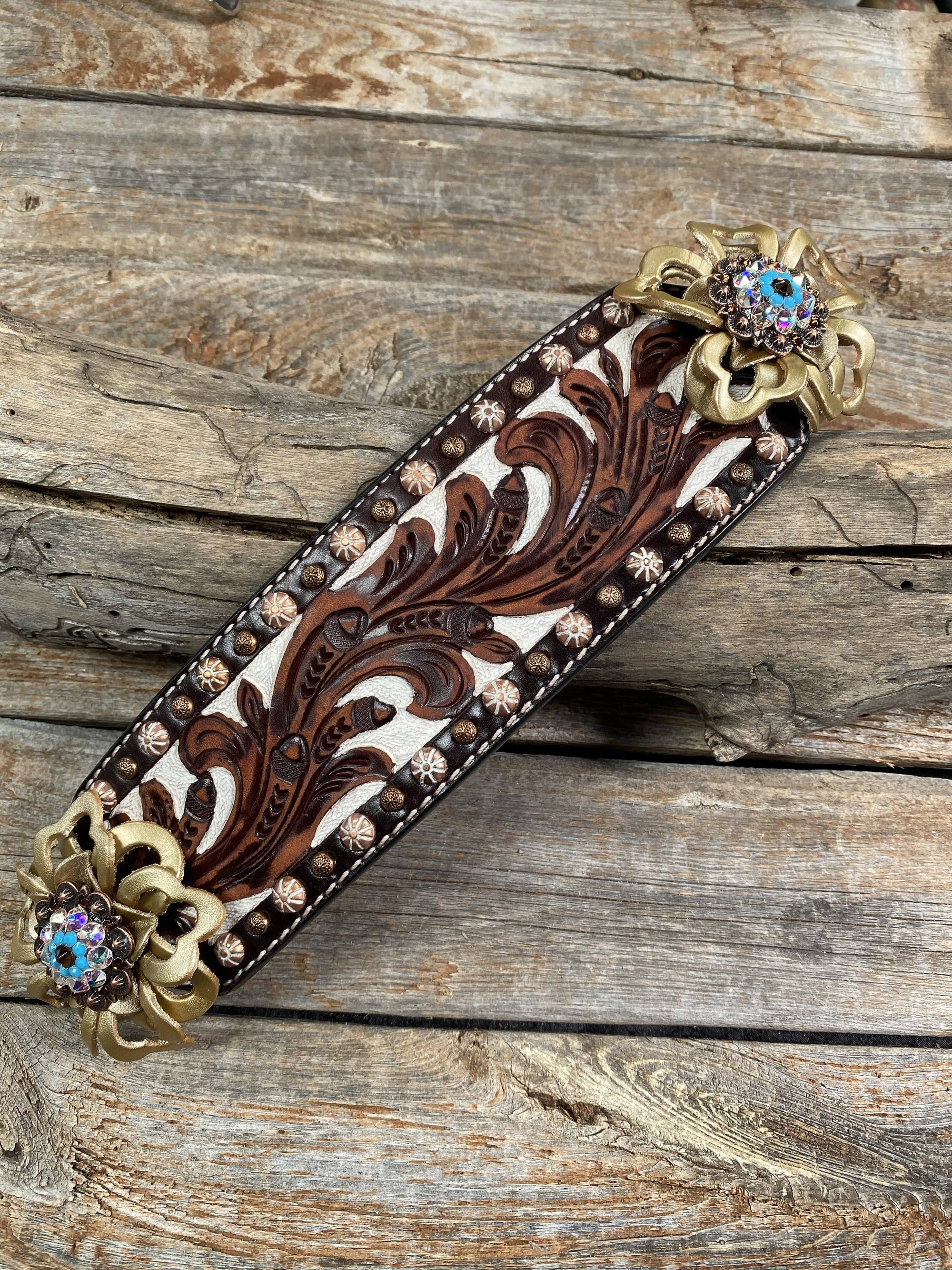 Medium Oil Copper Dot Bronc Noseband with Gold Lotus Flowers / Copper Topaz, Turquoise and AB European Crystal Conchos
