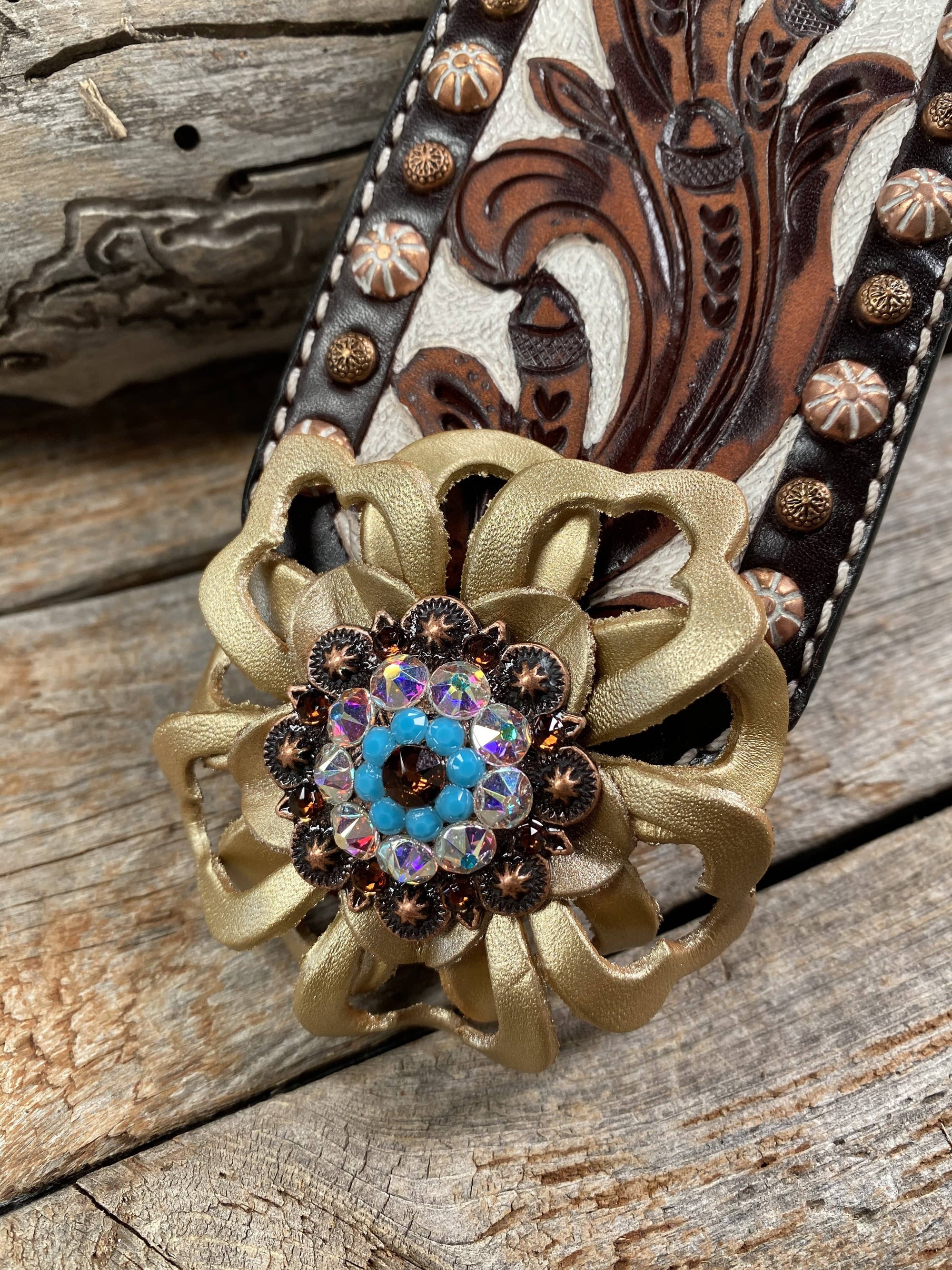 Medium Oil Copper Dot Bronc Noseband with Gold Lotus Flowers / Copper Topaz, Turquoise and AB European Crystal Conchos