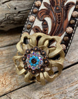 Medium Oil Copper Dot Bronc Noseband with Gold Lotus Flowers / Copper Topaz, Turquoise and AB European Crystal Conchos