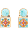 Talavera Tile Blue Turquoise Golden Drop Earrings